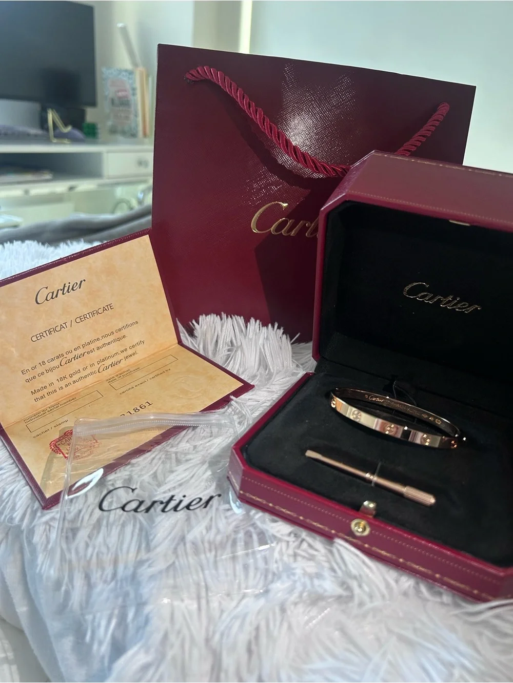 Saks Fifth Avenue Rose Gold-Tone Hinged Bracelet with Burgundy Accents